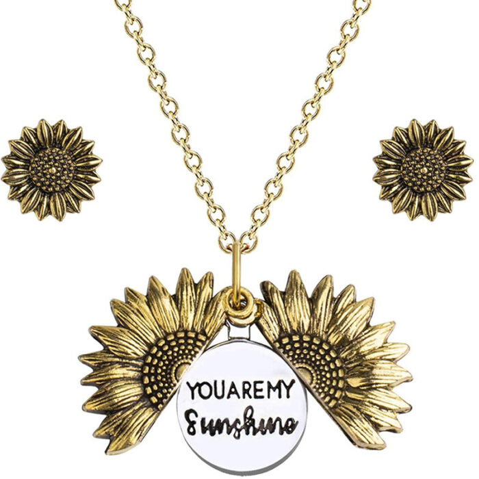 You are My Sunshine Necklace - Sunflower Necklace Locket with Engraved Hidden Message Pendant for Women, Mother, Daughter ，girfriend